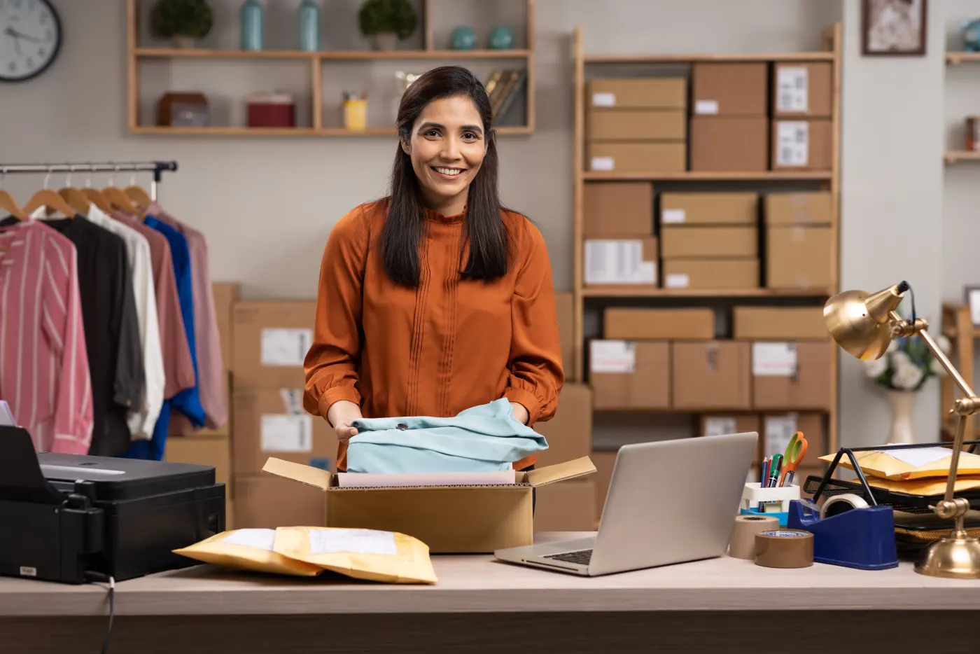 A shop owner packing a customer order at her desk